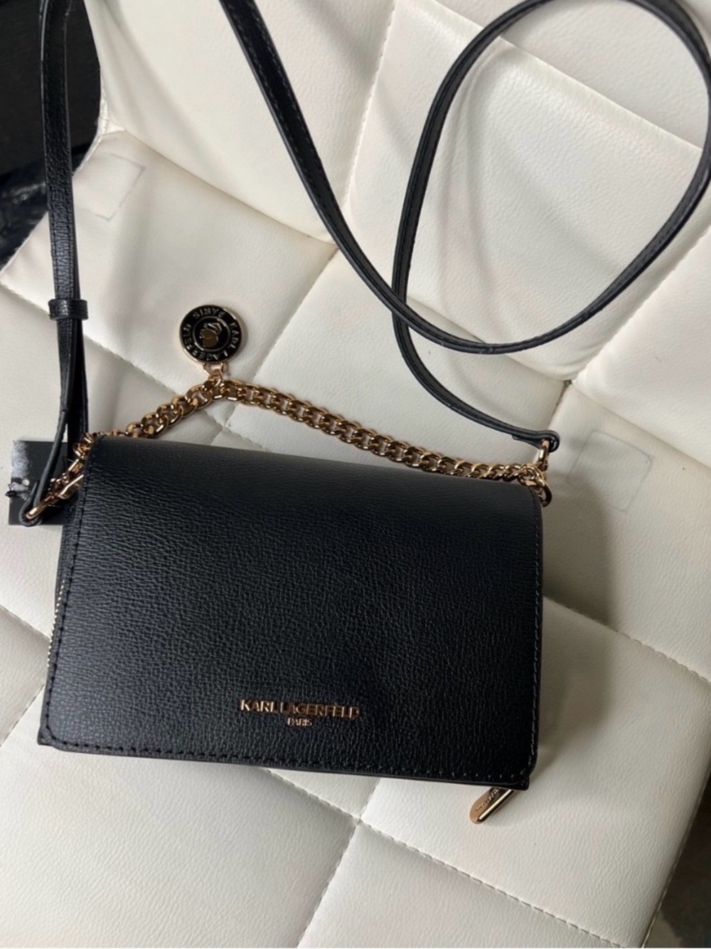 Karl Lagerfeld Black Leather Crossbody with Gold Chain